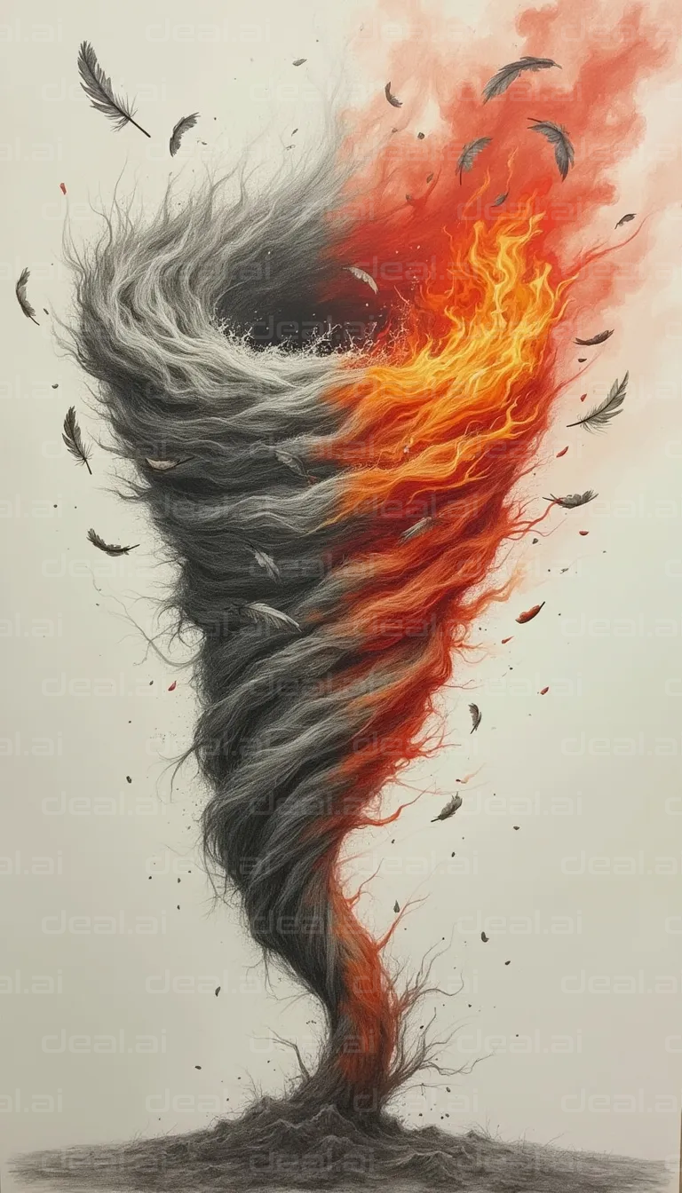 "Fiery Tornado with Floating Feathers"