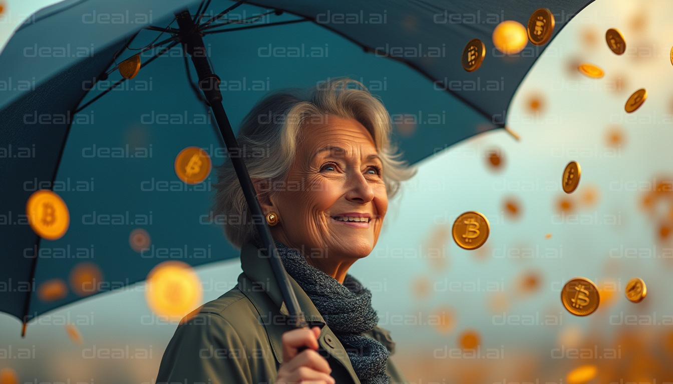 "Bitcoin Rain: Senior Smiles with Umbrella"