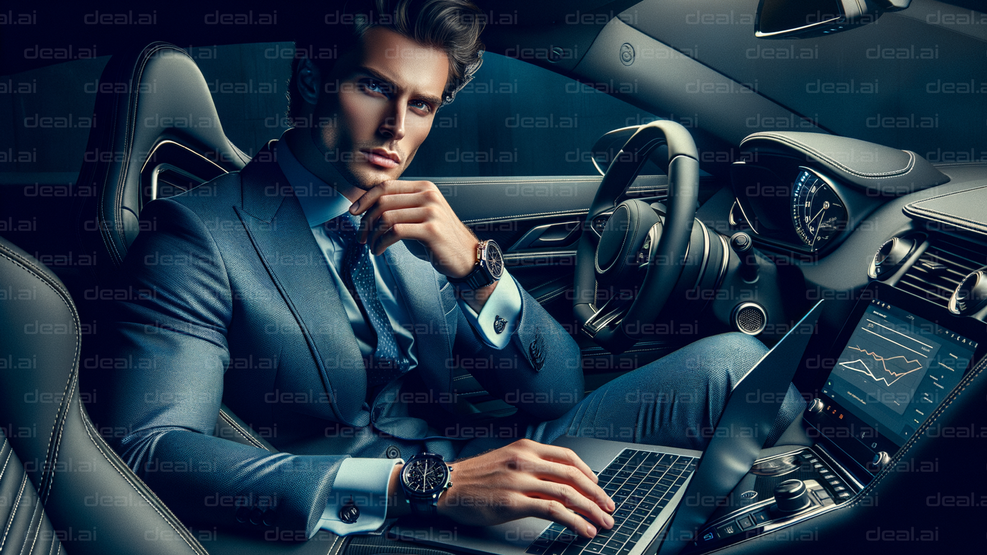 "Businessman in Luxury Car with Laptop"