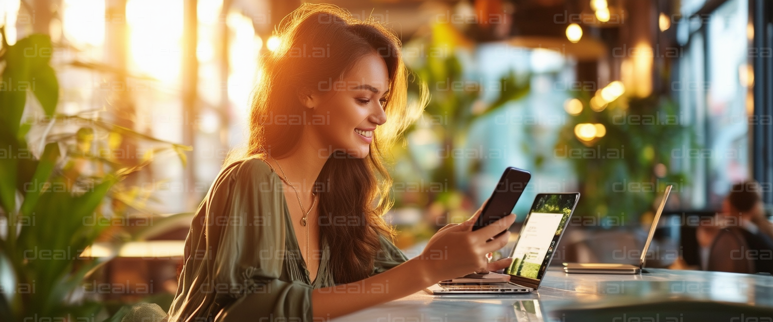 "Sunlit Café Workspace with Digital Devices"