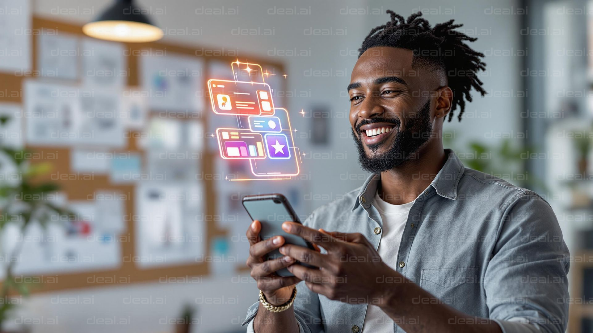 "Smiling at Futuristic Phone Interface"