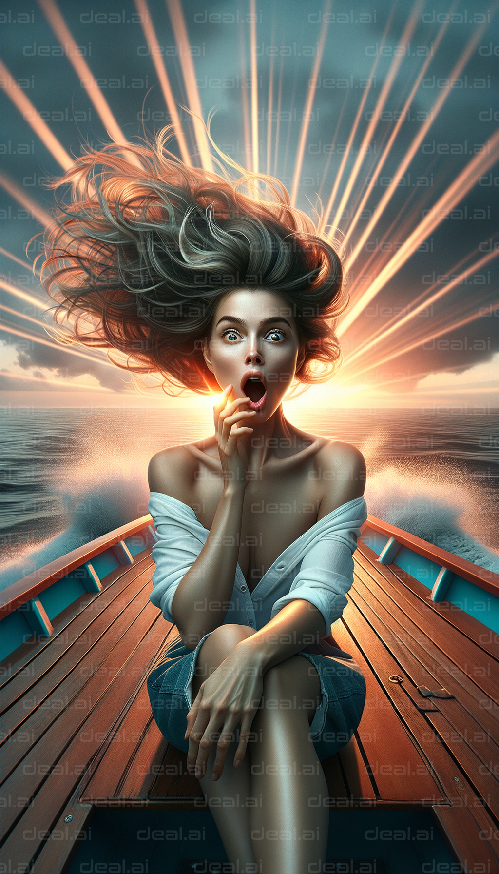 "Surprised Woman on Speeding Boat"