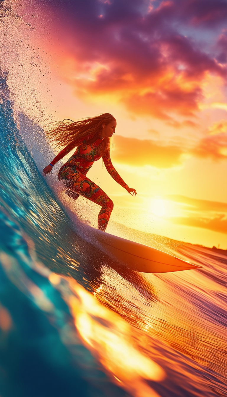 Surfer Rides Waves at Sunset