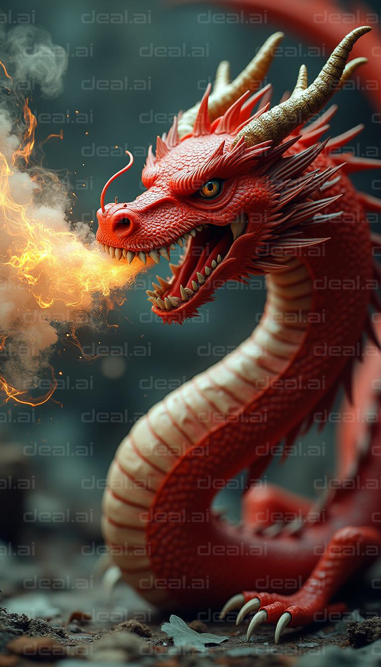 "Fiery Red Dragon Breathing Flames"