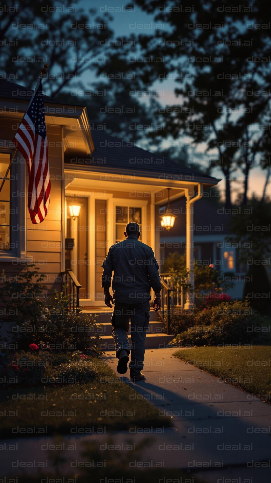 Man Approaching Welcoming Porch at Dusk