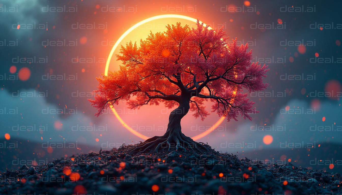 "Sunset Glow Behind Enchanted Tree"