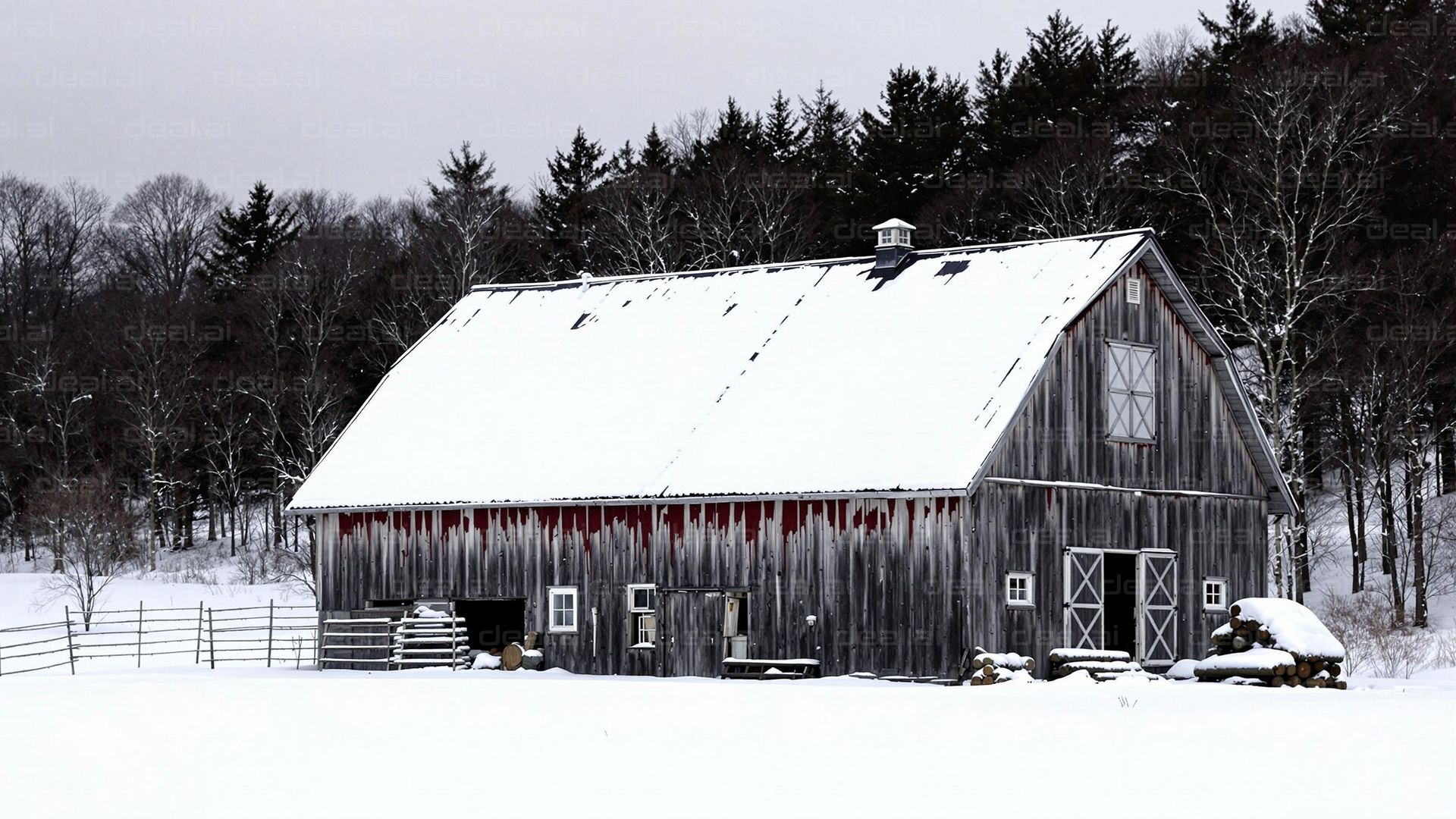 Snow-Covered Barn in Winter Scene