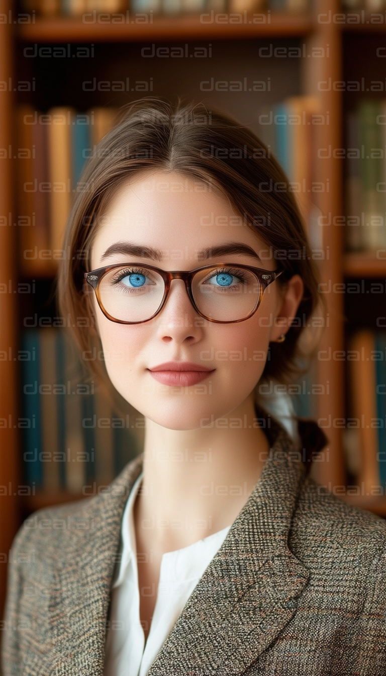 Woman in Glasses Standing in Library