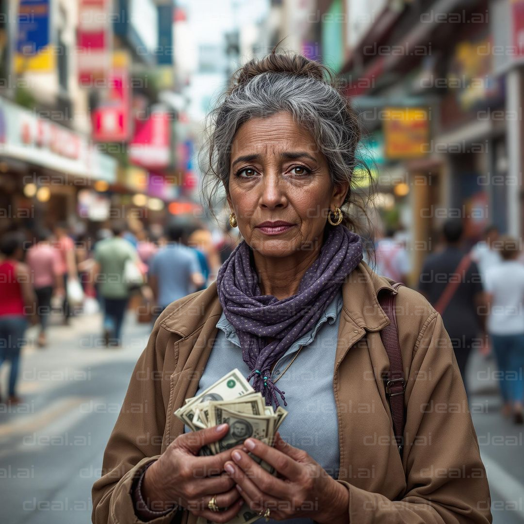 Woman Holding Money in Busy Market