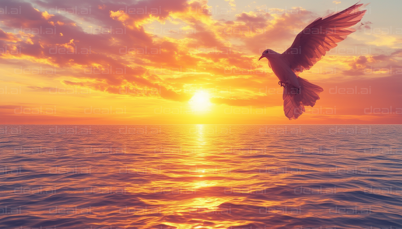 Dove Soaring in Sunset Sky
