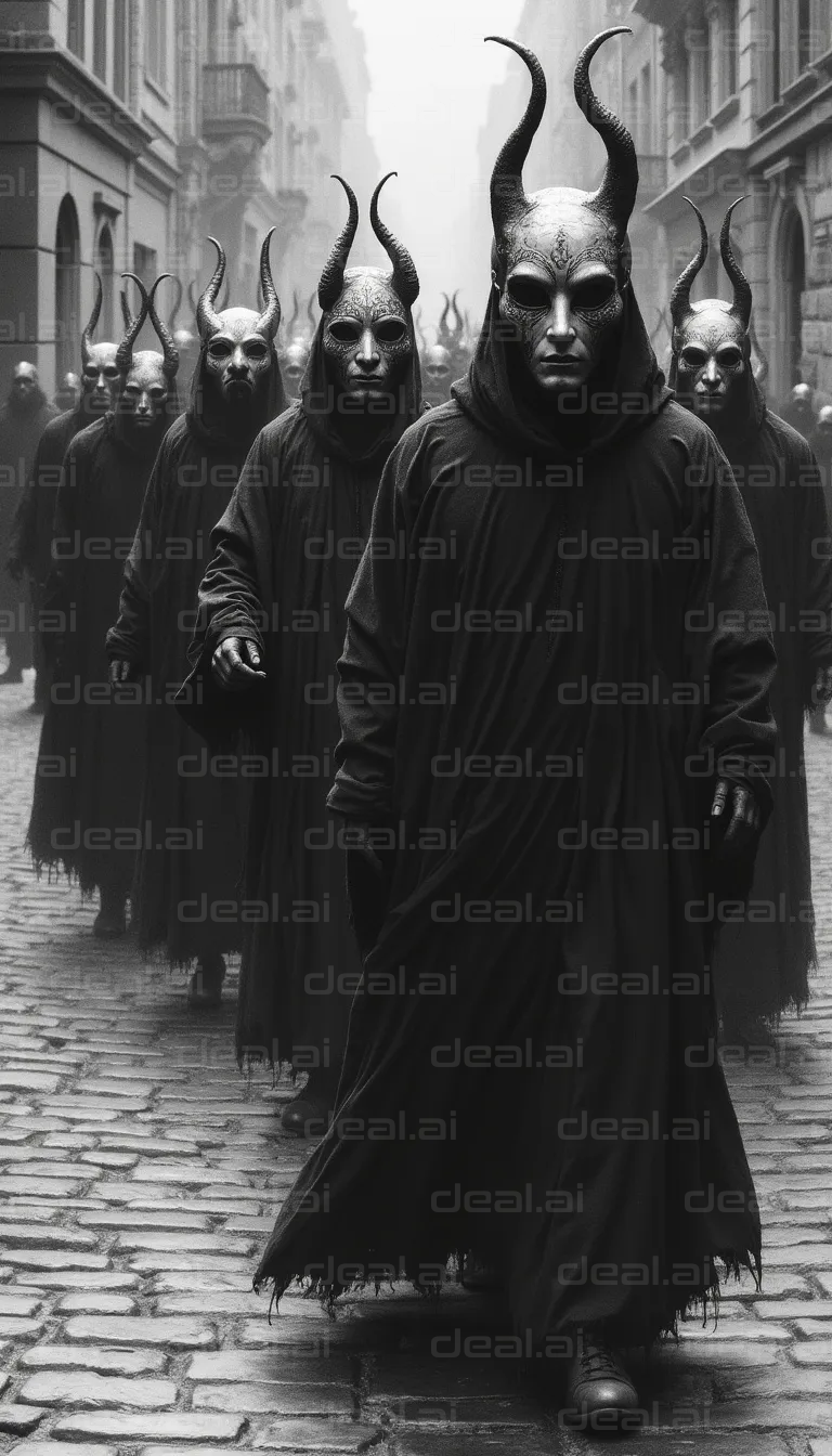 "Horned Figures Parading in Foggy Alley"