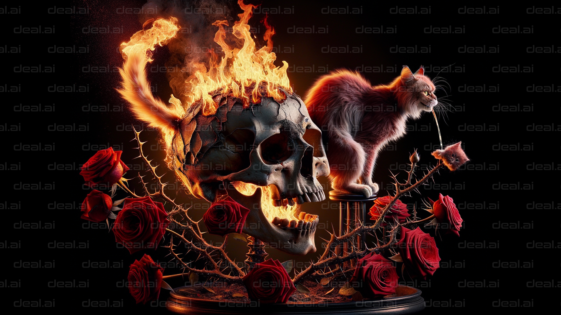 "Fiery Skull and Thorny Roses with Cat"