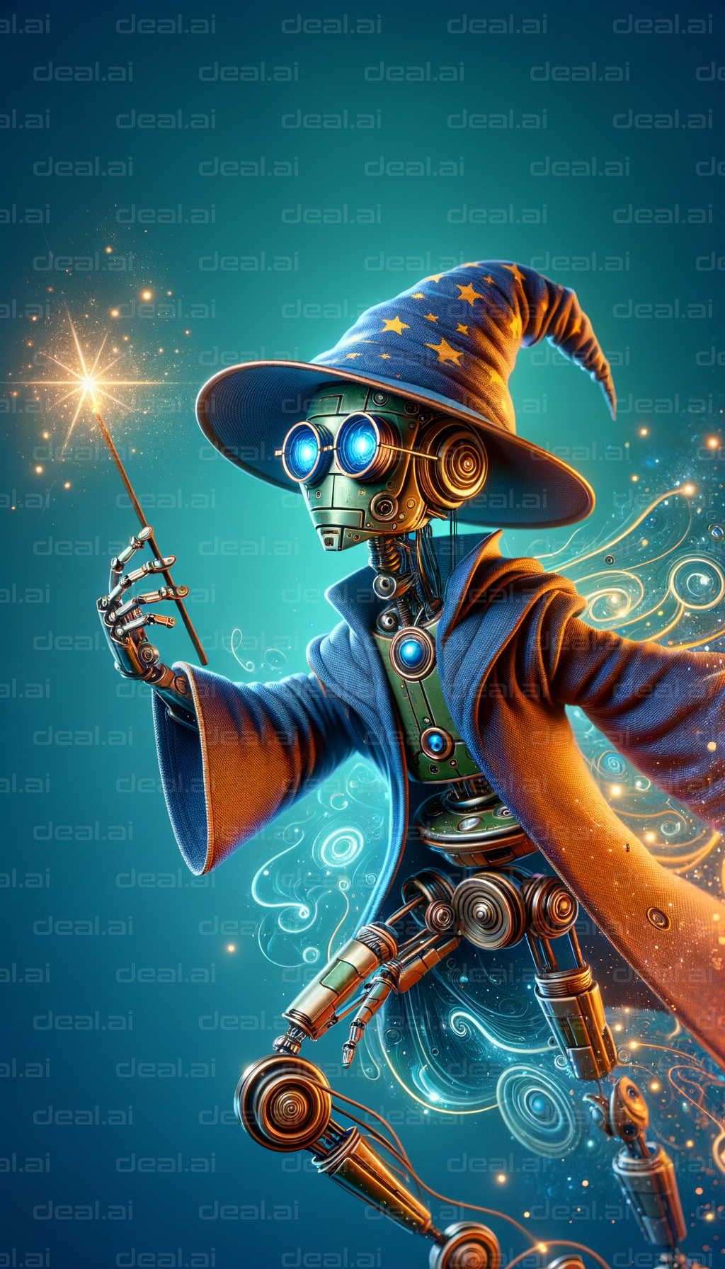 "Robot Wizard with Glowing Wand"