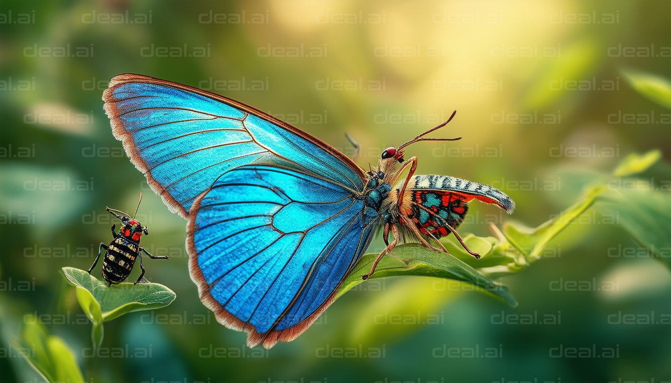 "Blue Butterfly and Beetle on a Leaf"