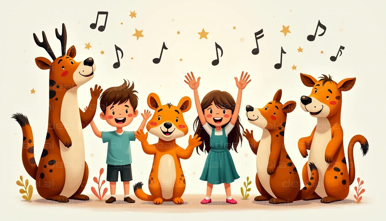 Children Singing with Playful Animals