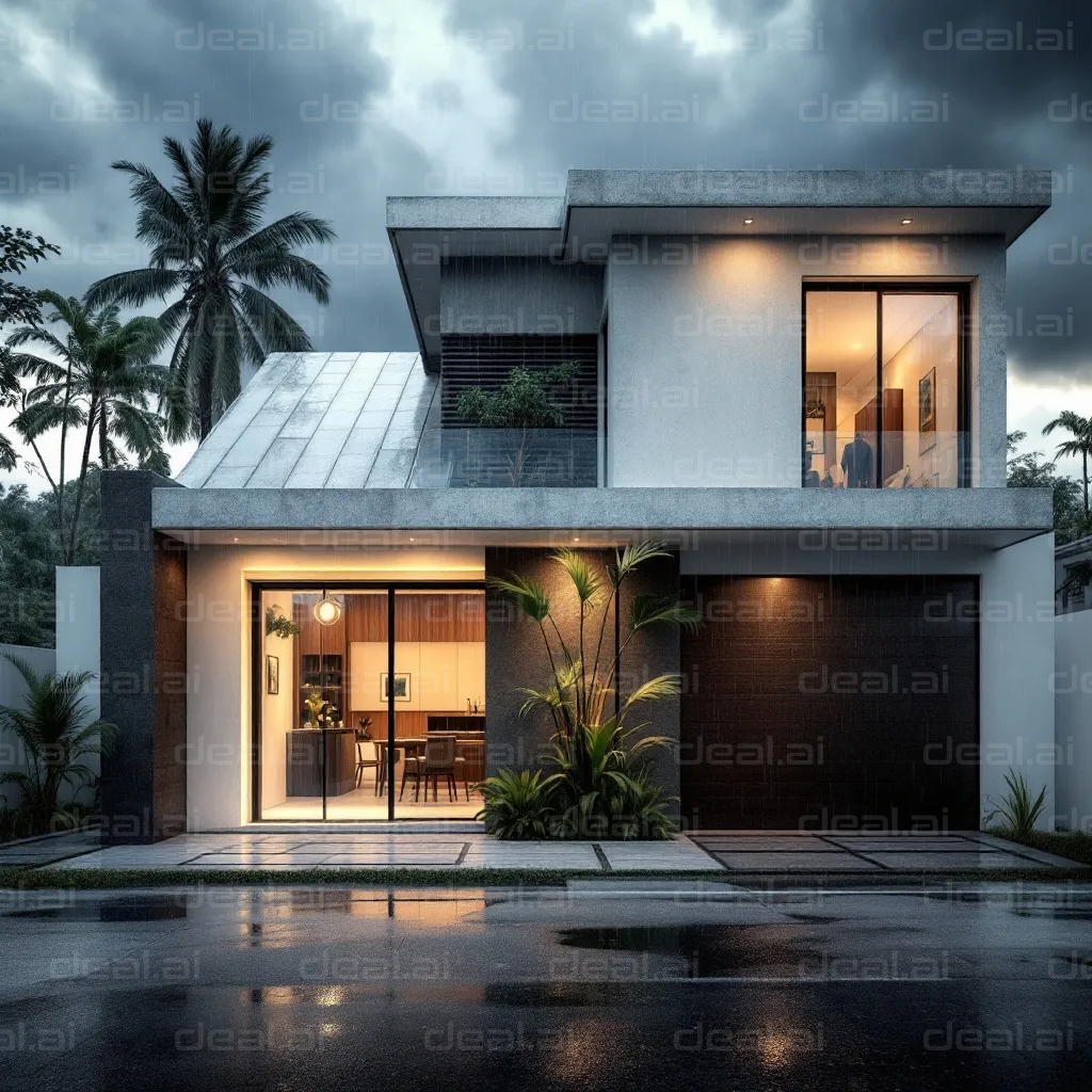 Modern House in Rainy Evening