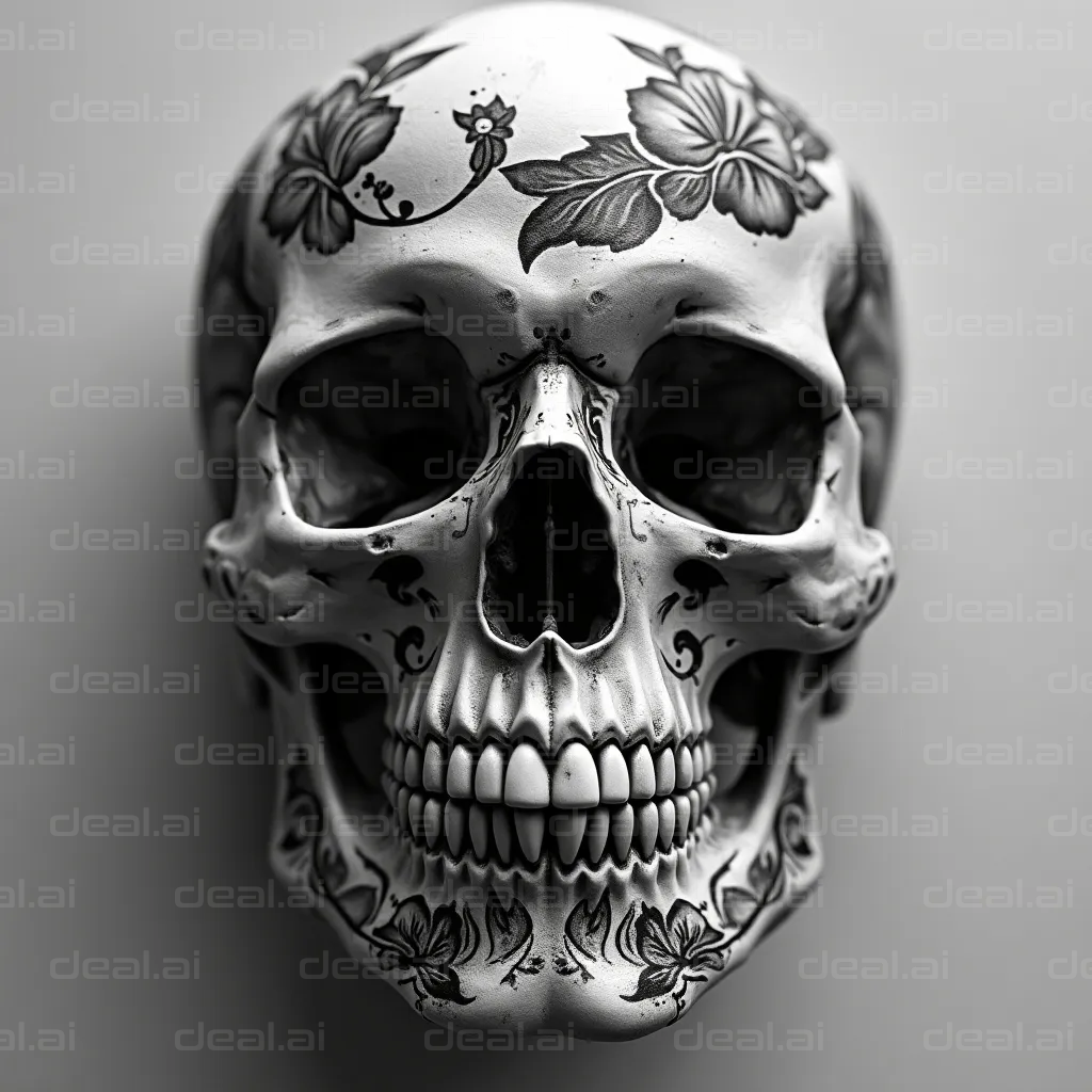 Floral Skull Art in Monochrome