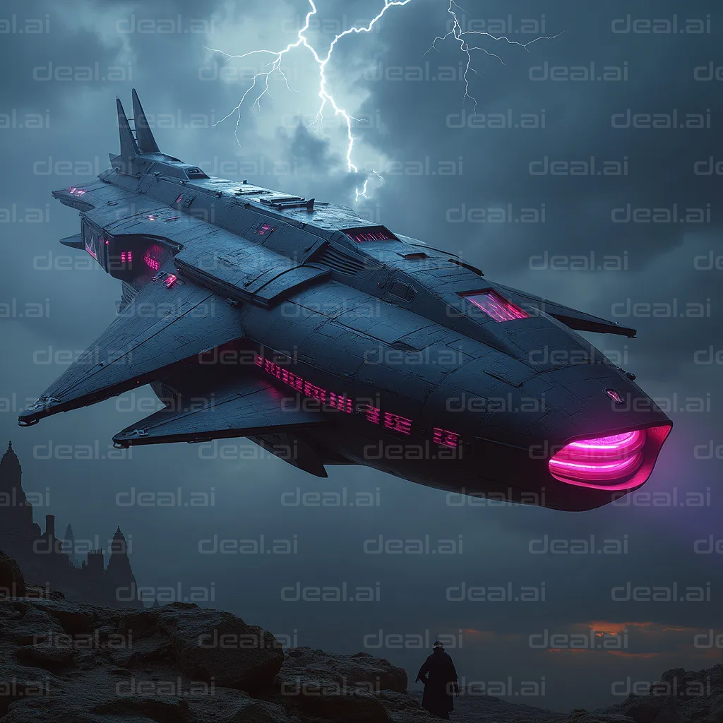 Alien Spaceship in Stormy Sky