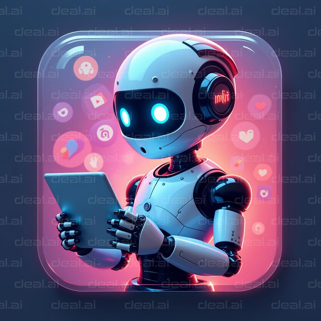 "Robot Using Tablet with App Icons"