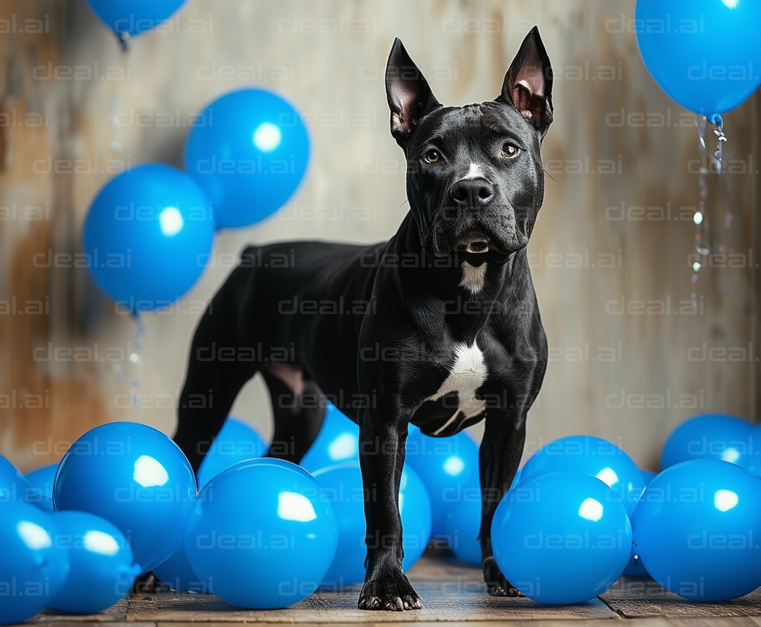 Dog Among Blue Balloons