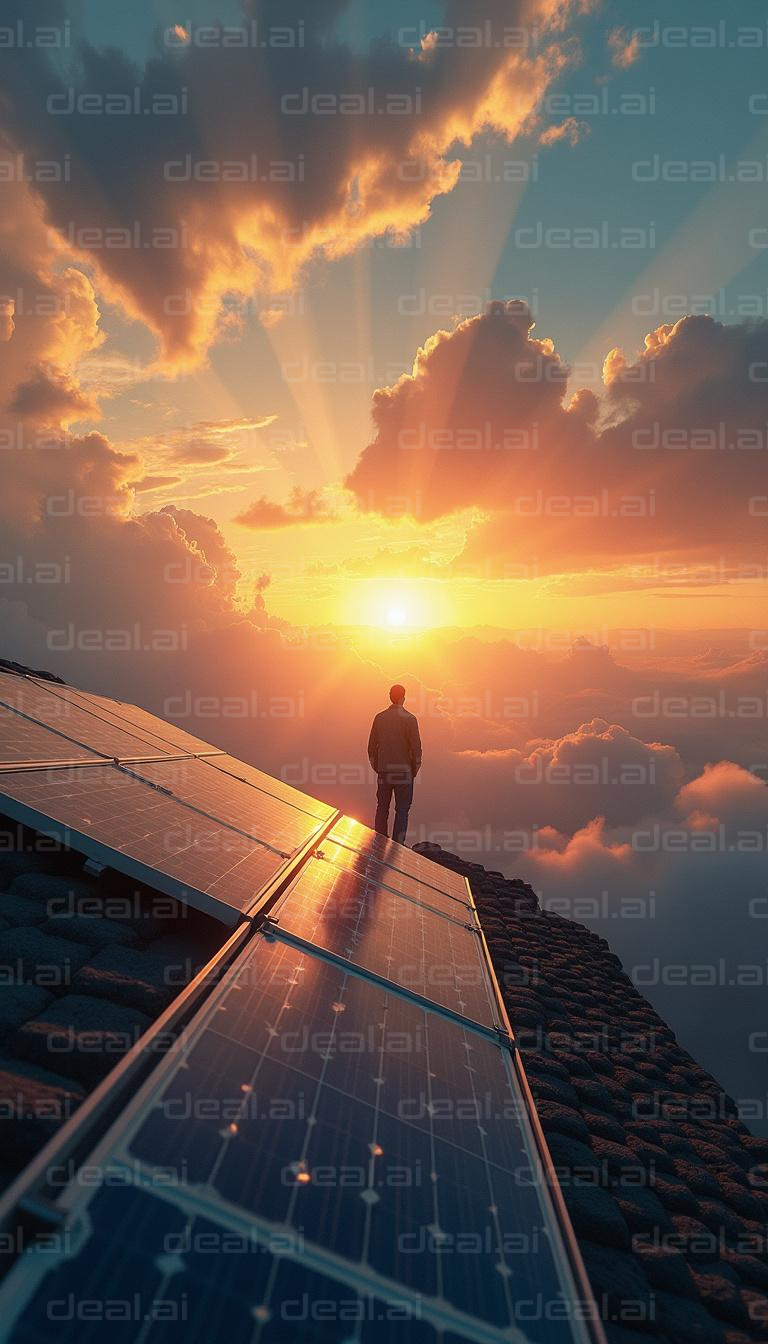 Man Stands by Solar Panels at Sunset