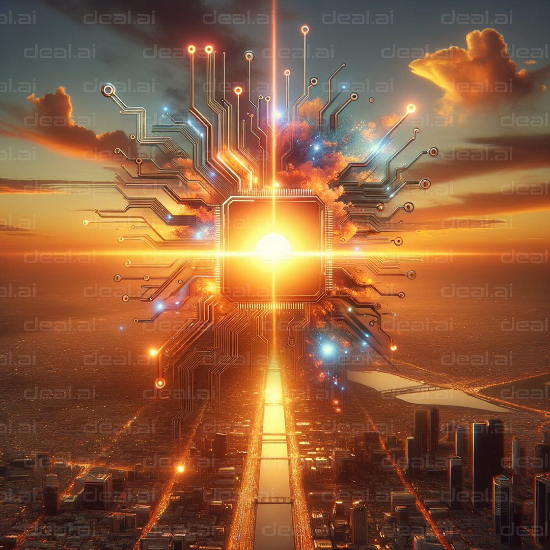 "Sunset Over City with Digital Circuitry"