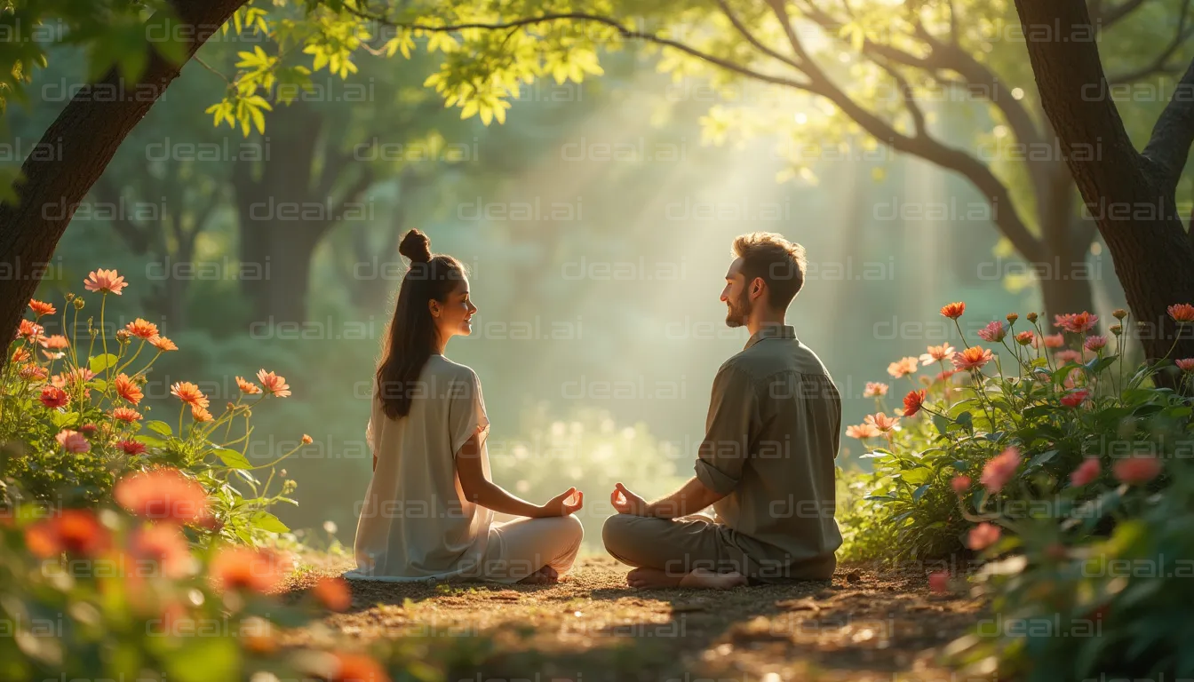 "Couple Meditating in a Forest Clearing"
