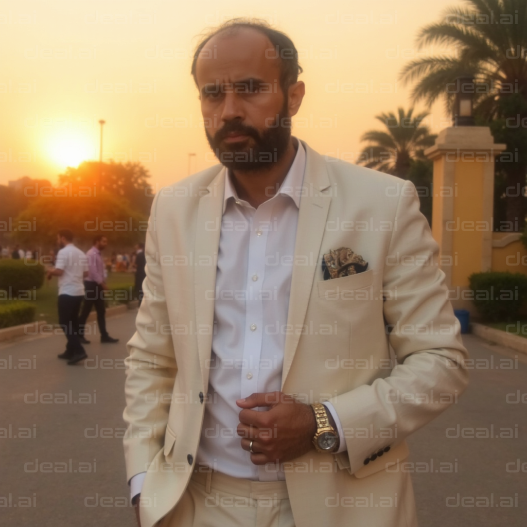 Man in White Suit at Sunset Event