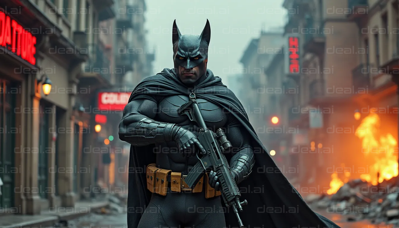 Batman in a War-Torn City Scene