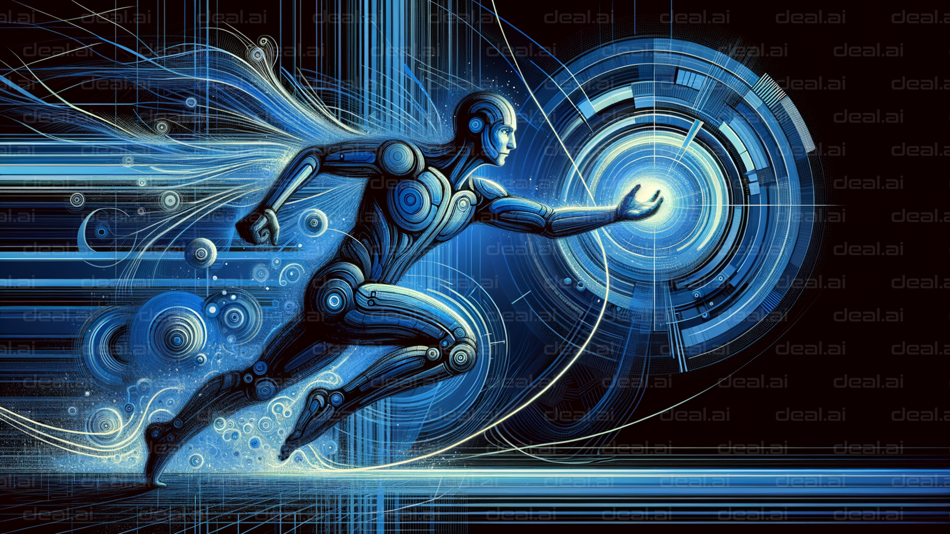 "Futuristic Cyborg Reaching for Technology"