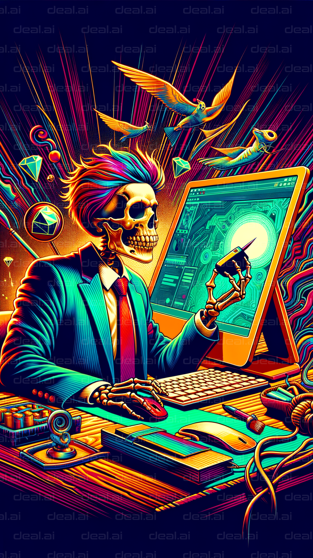 "Skeleton at a Computer: Cyberpunk Art"