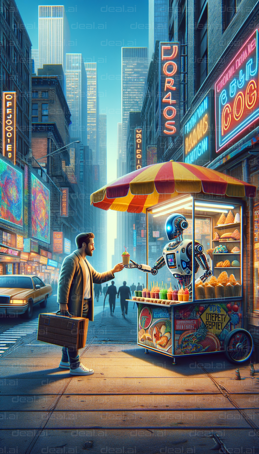 Man Buying Street Food from a Robot Vendor