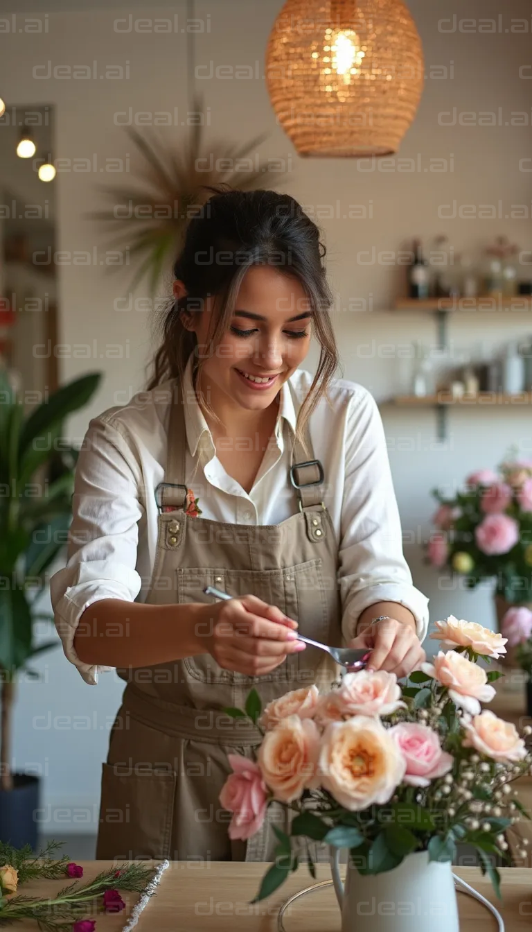 Smiling Florist Arranges Beautiful Bouquets