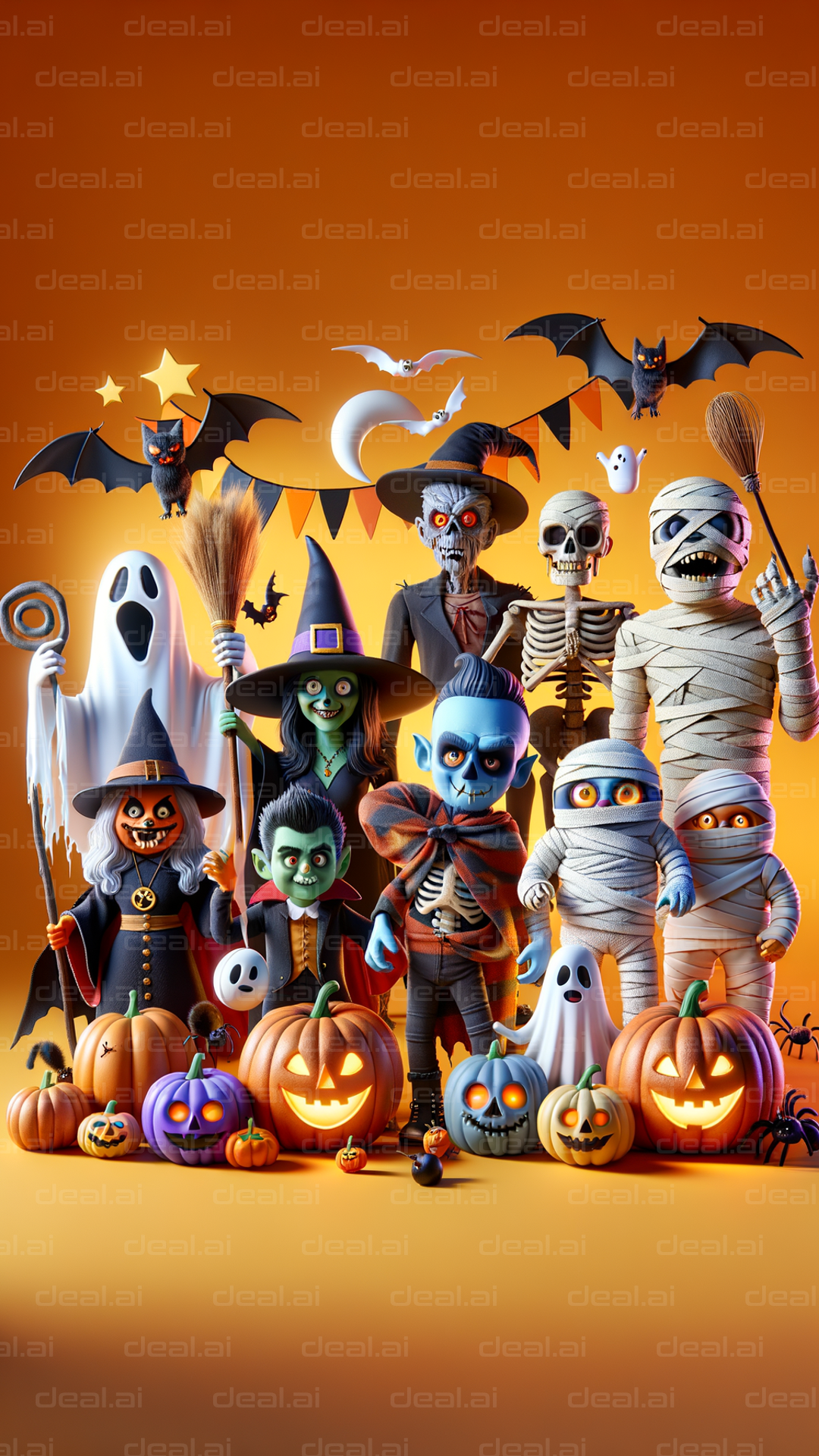 "Cartoon Halloween Characters Ensemble"