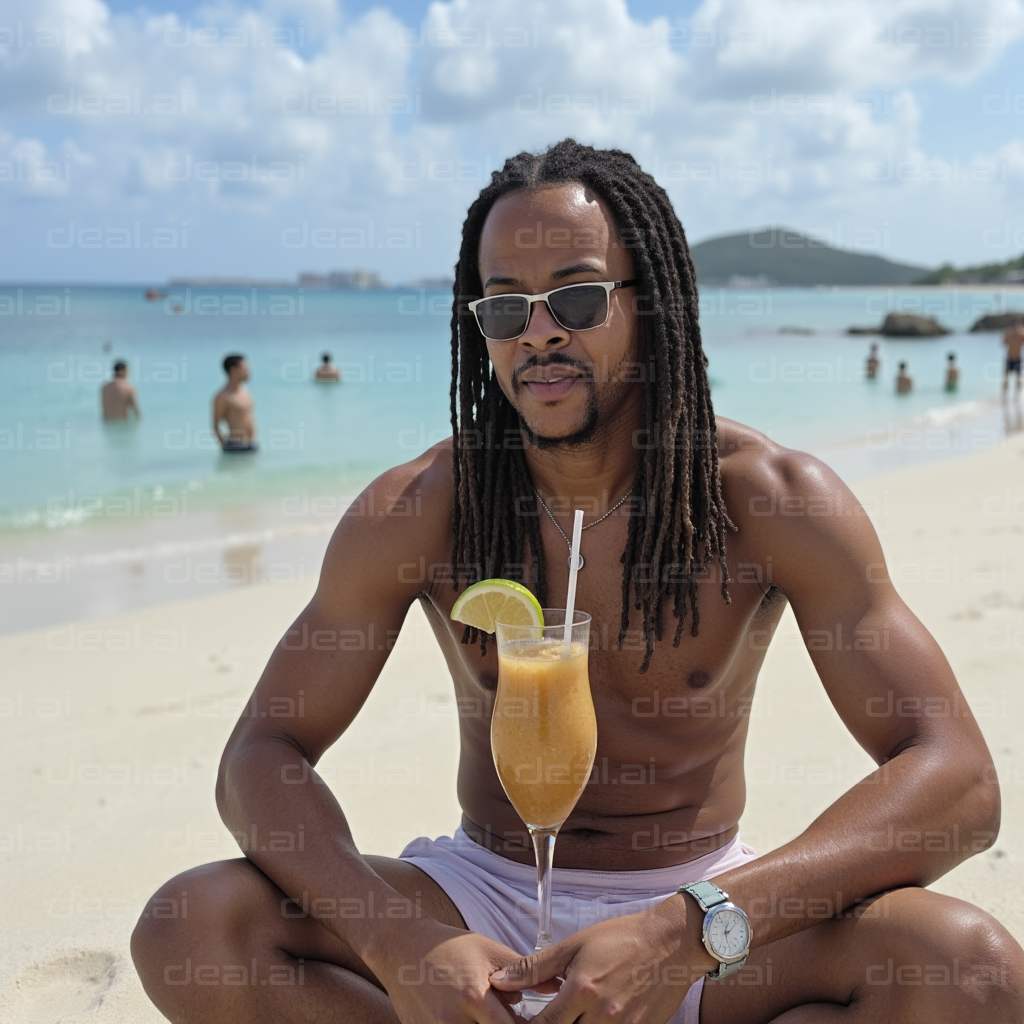 "Beachside Relaxation with a Tropical Drink"
