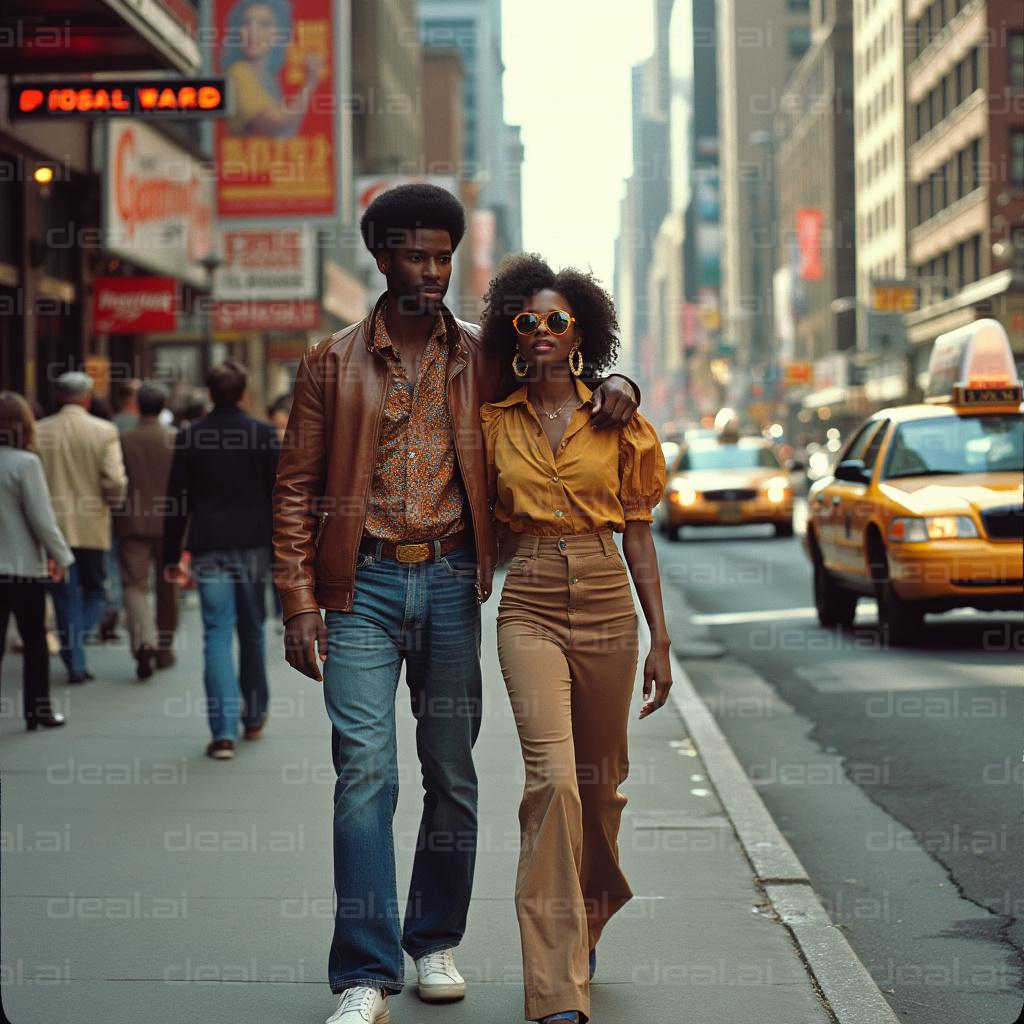 "70s Urban Style: Couple Walking in City"