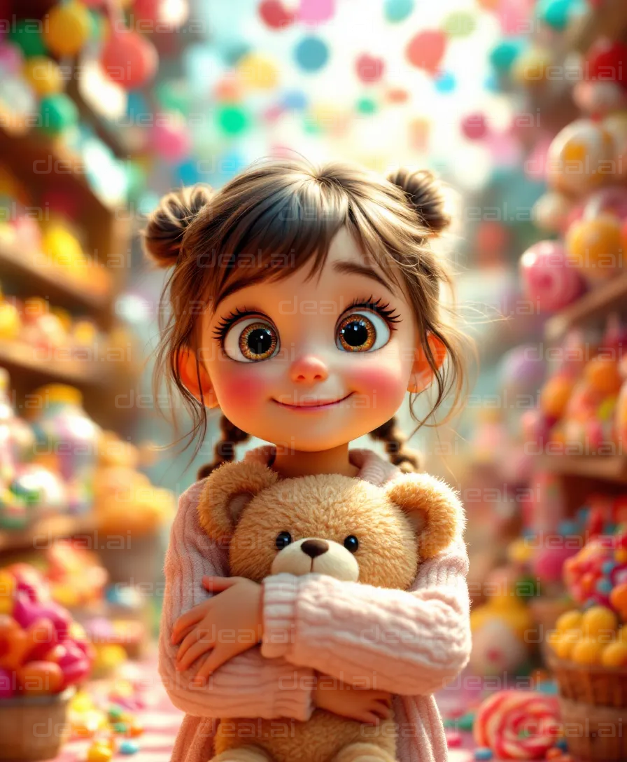 Girl with Teddy in Candy Wonderland