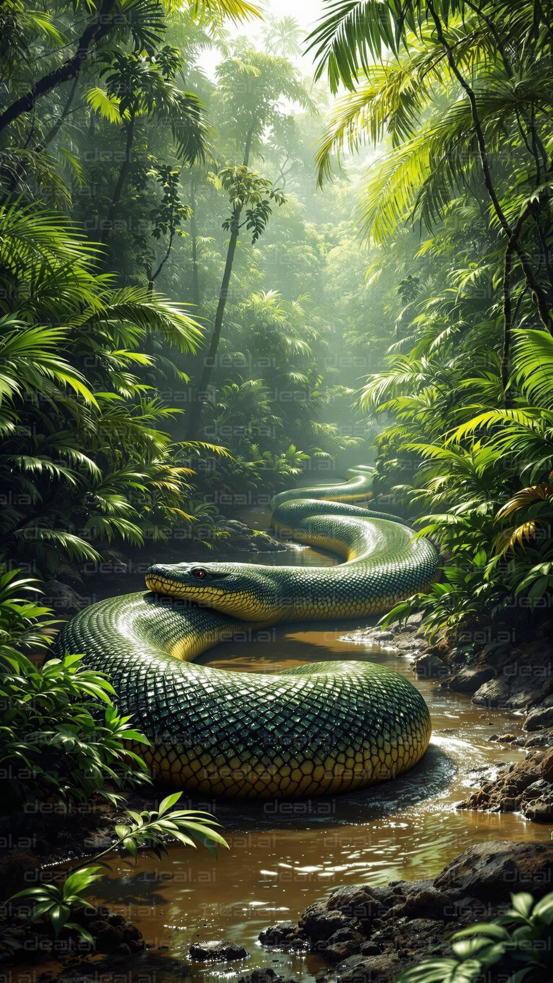 Snake in Lush Jungle Stream