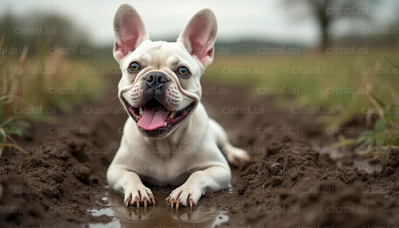 Happy French Bulldog in Muddy Field