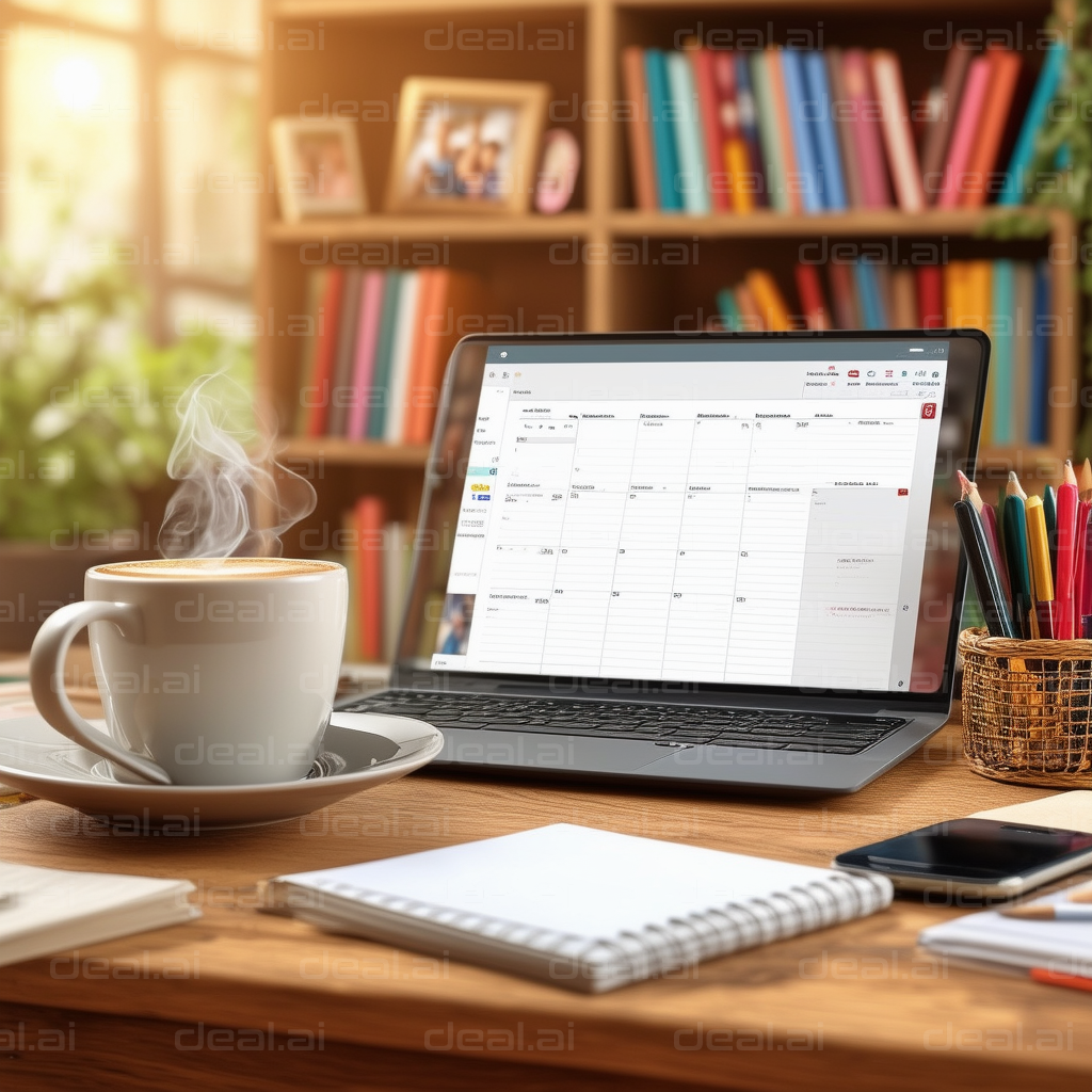 "Morning Workspace with Coffee and Laptop"