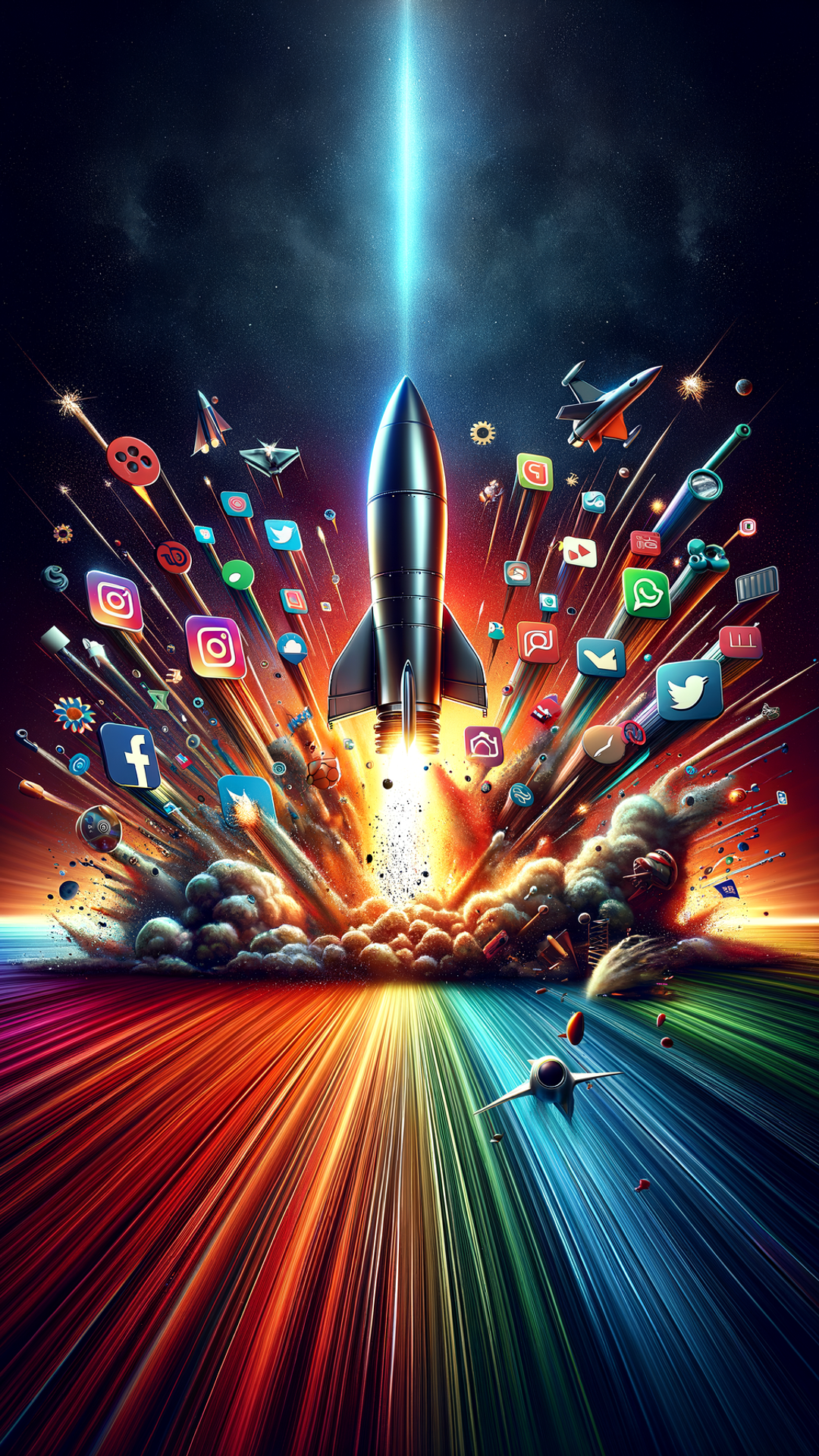 "Rocket Launch with Social Media Icons"