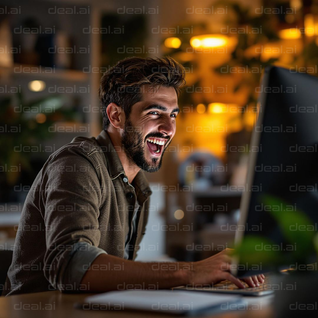 Joyful Moment at the Computer Desk