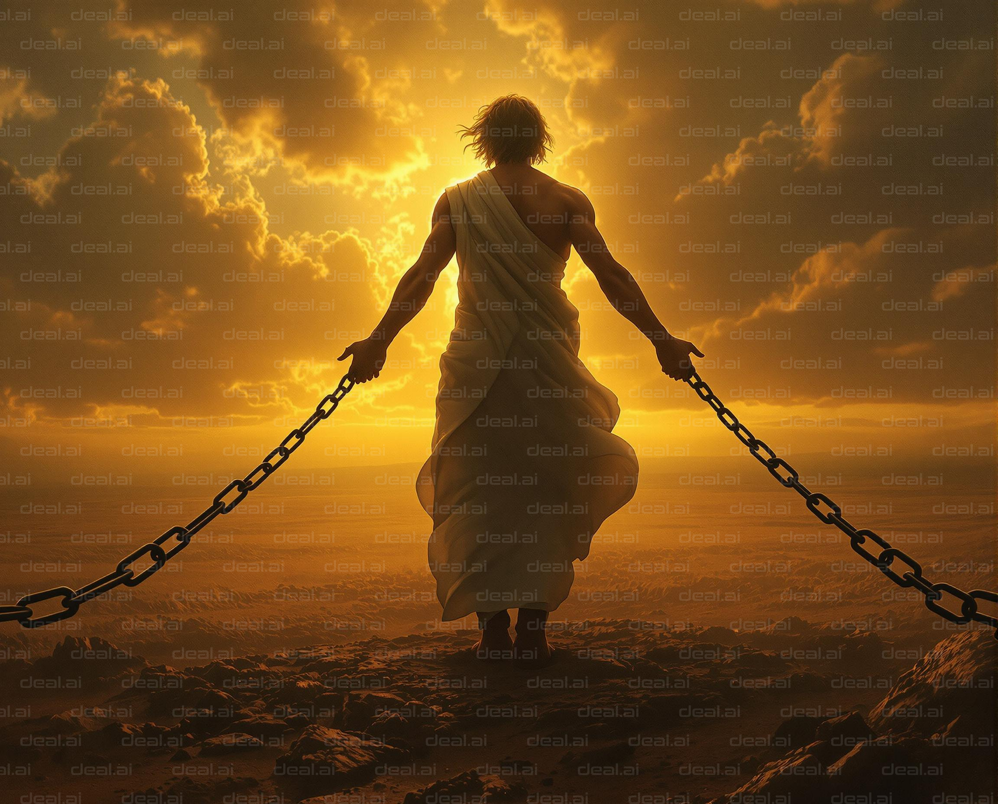 Man Facing Sunset, Holding Chains