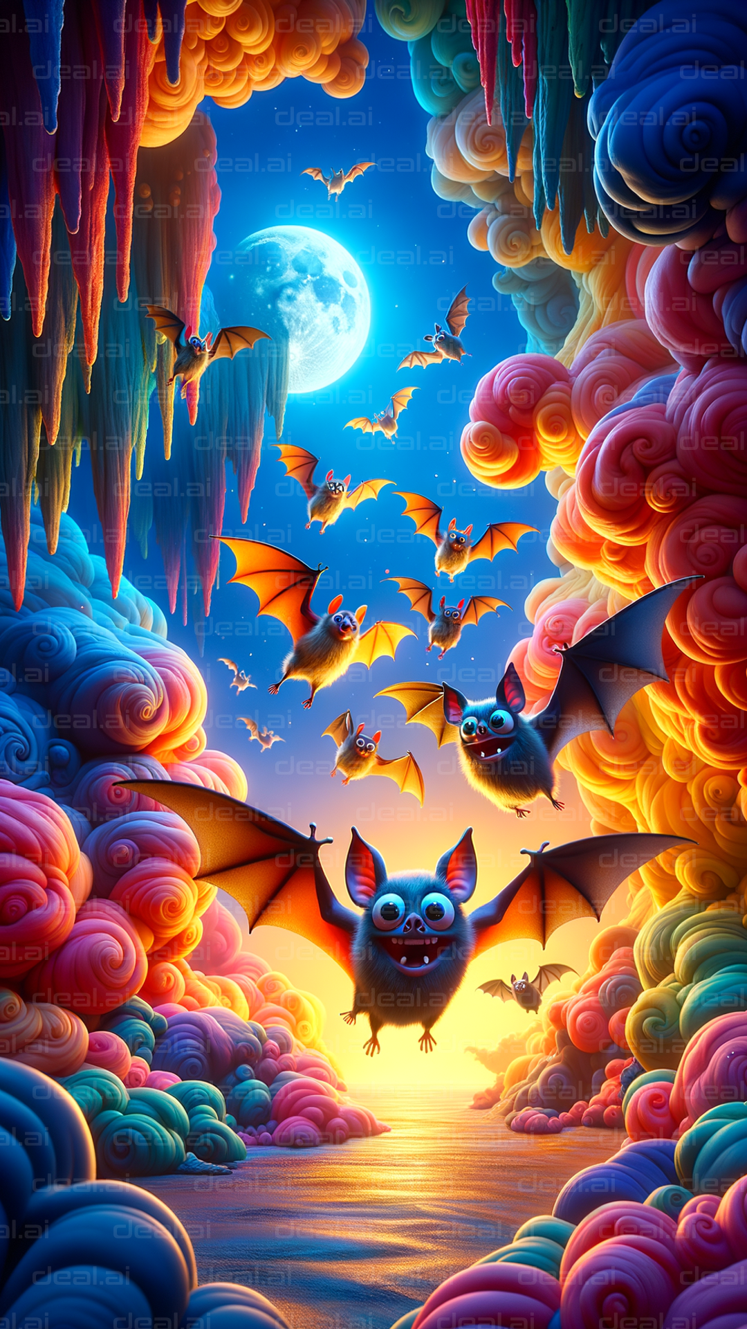 Bats Flying in a Psychedelic Sky