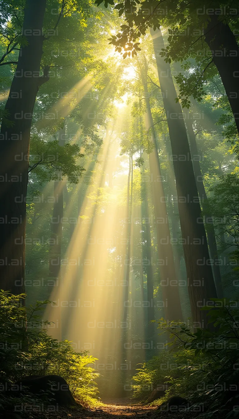 "Sunlight Through Forest Trees"