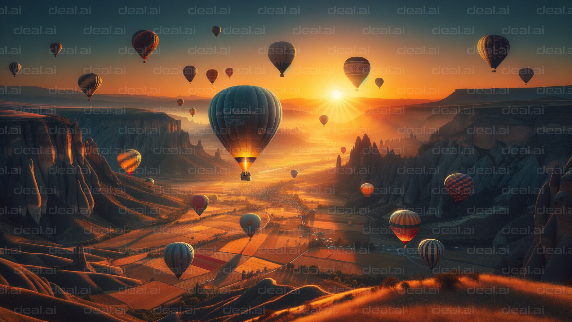 Hot Air Balloons at Sunset Over Landscape