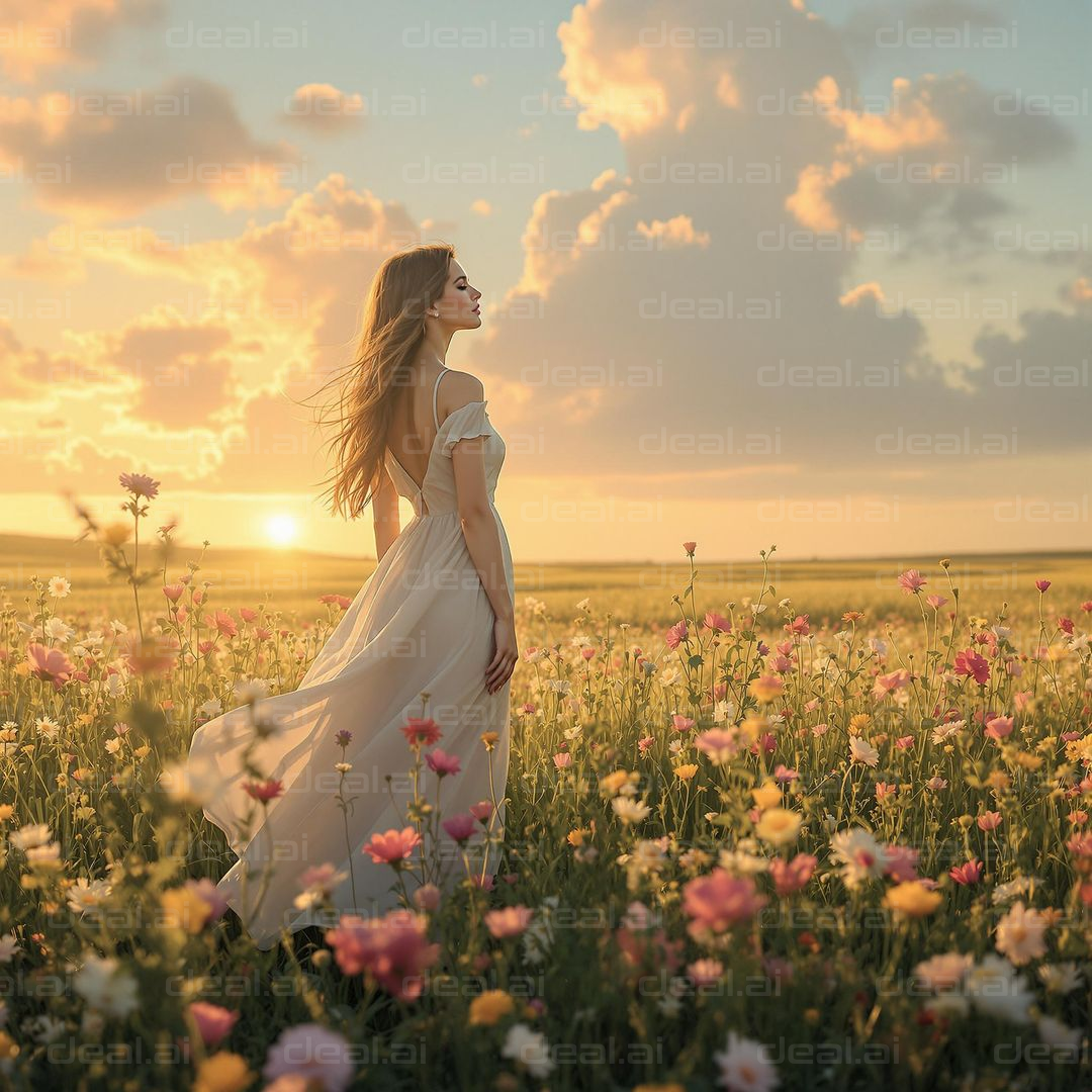 Sunset Stroll in a Flower Field