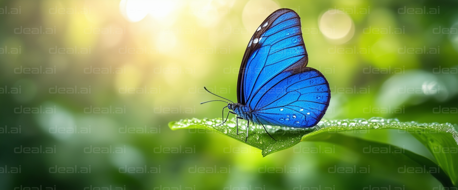 "A Blue Butterfly on a Dewy Leaf"