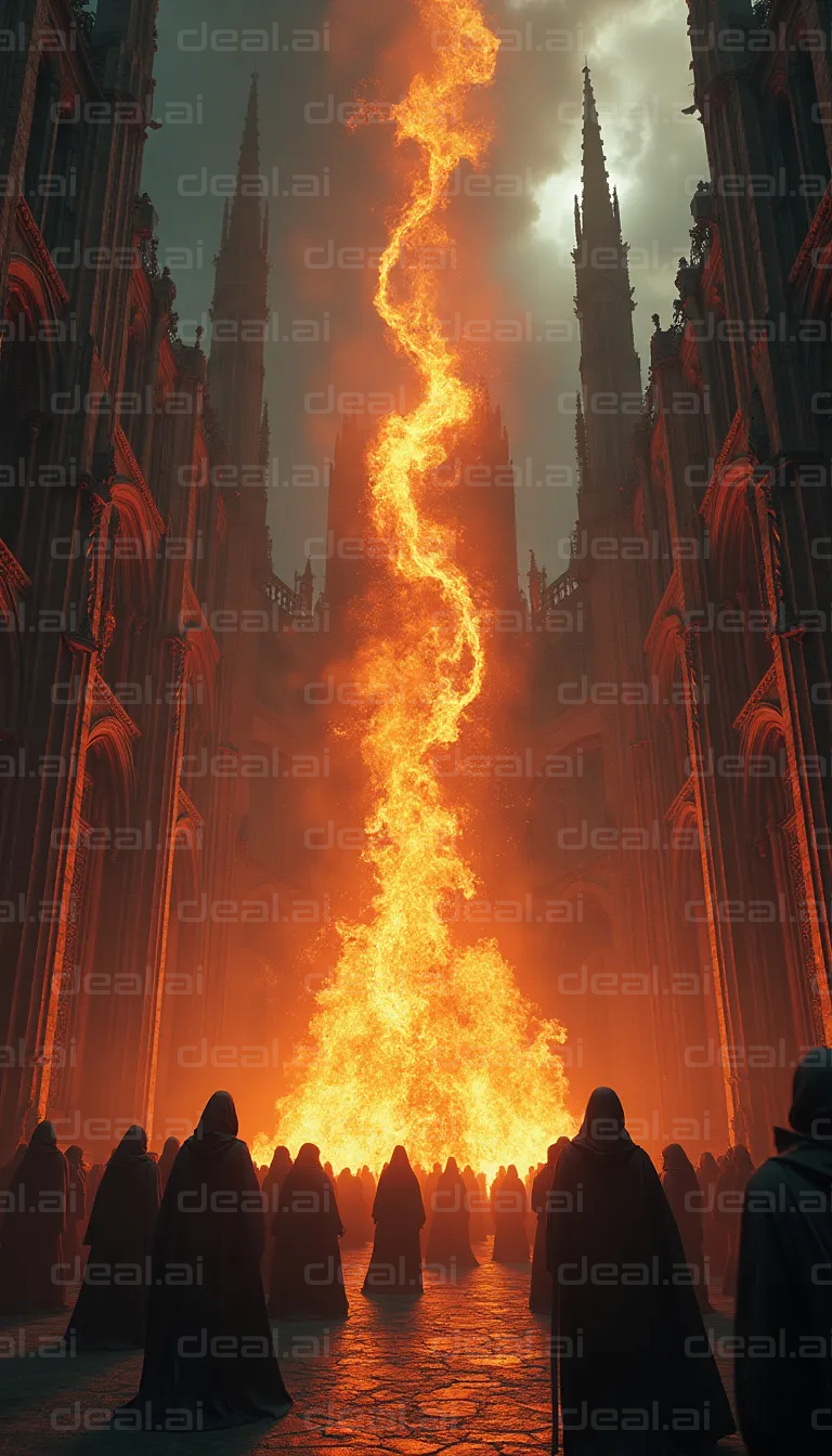 "Ritual Flames in Gothic Cathedral"