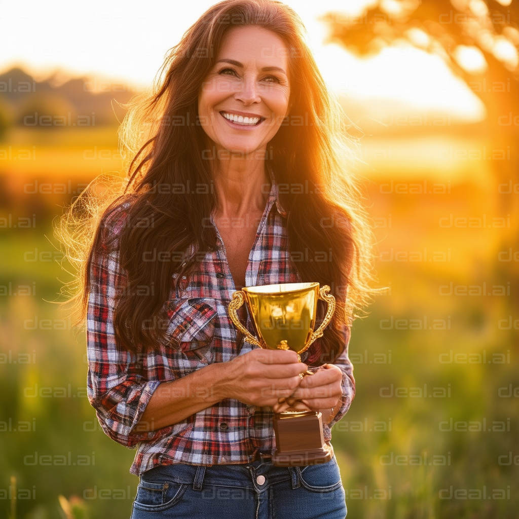 Smiling Woman Holding a Trophy Outdoors